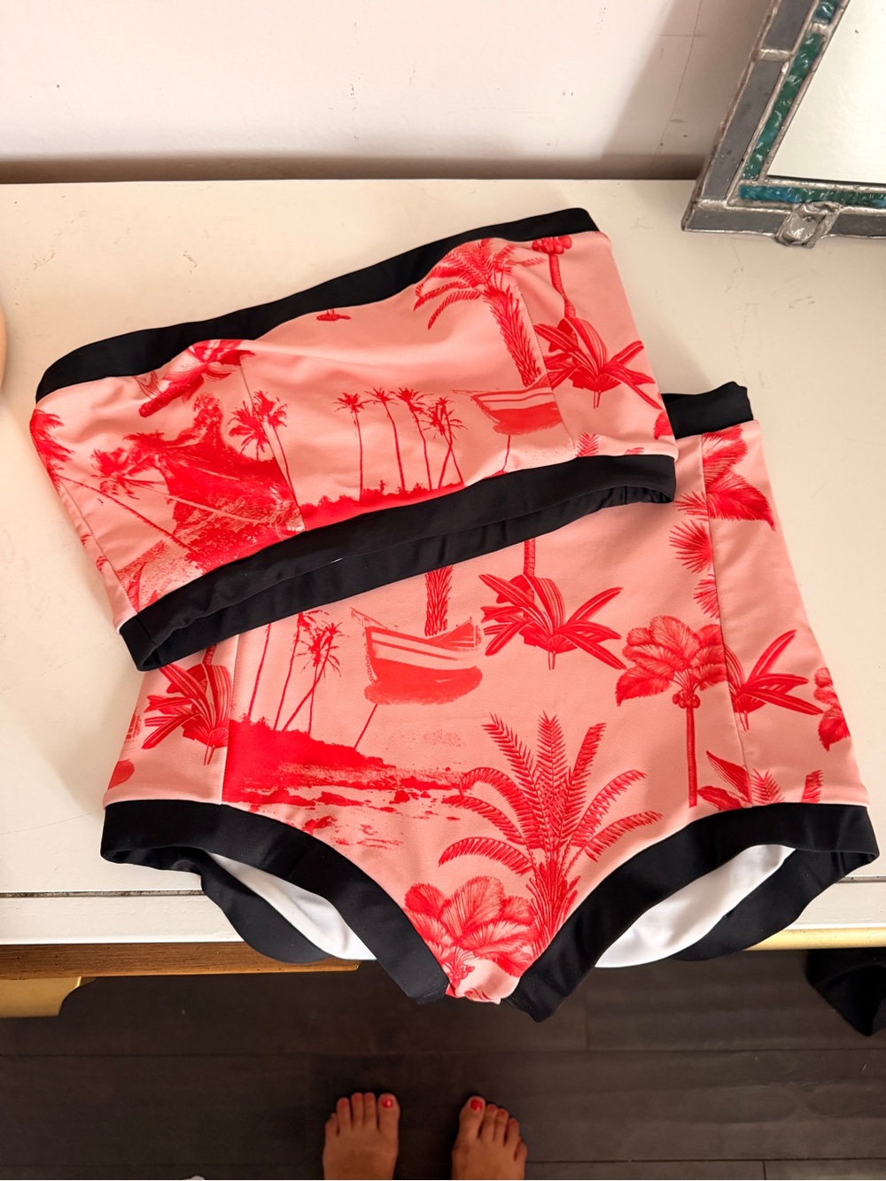 Heidi Merrick high Waist Bandeau Bikini Set in Coral Red Palm Toile sz S